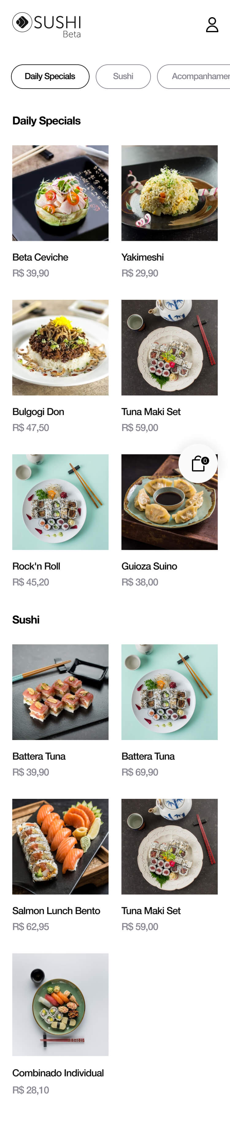 Sushi Beta product list page in mobile